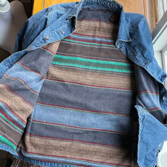 Vintage 90s Wolverine Denim Shirt Jacket Aztec Fleece Lined L/G Western Workwear - Picture 4 of 10